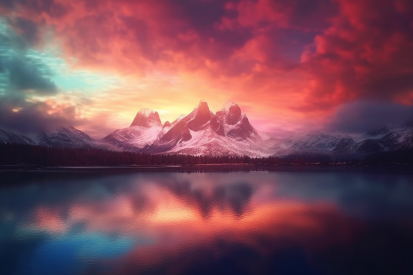 Jezero s horami a barevnou oblohou.