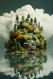 Dům na malém ostrově obklopeném stromy a mraky.