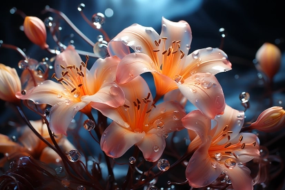 Skupina květin s kapkami vody