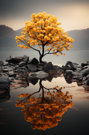 Strom se žlutými listy na kamenech ve vodě