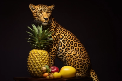 Gepard sedící vedle ananasu a ovoce