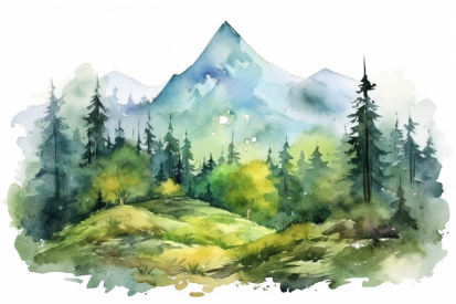Akvarel hory a stromů