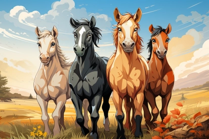 skupina koní stojících na poli