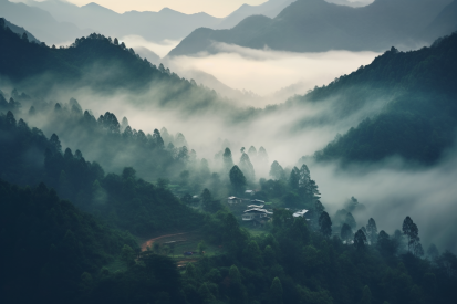 Mlhavá horská krajina s domy a stromy