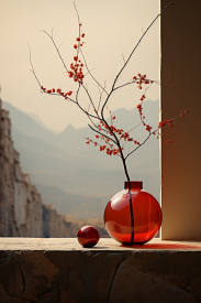 červená váza s větvičkou a míčem před oknem.