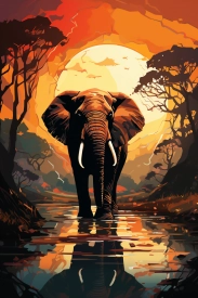 slon kráčející ve vodě se stromy a měsícem v úplňku