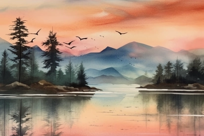 Akvarelová malba jezera s horami a stromy