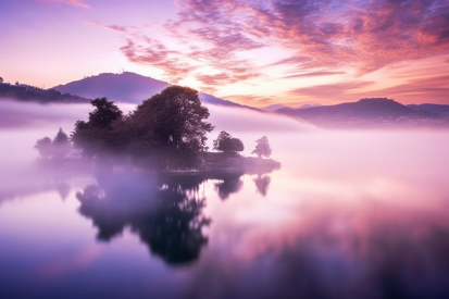 Mlhavé jezero se stromy a horami v pozadí