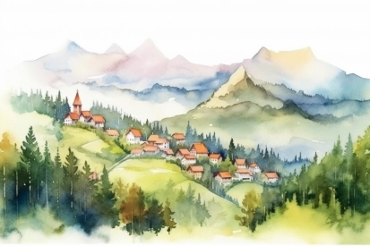 Akvarelová malba vesnice na kopci