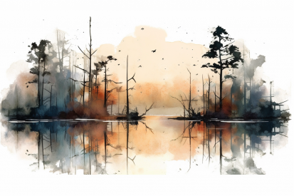 Akvarel jezera se stromy a ptákem letícím nad ním