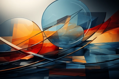 Skupina skleněných kruhů a oranžových a modrých objektů