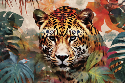 Leopard s modrýma očima a barevným pozadím