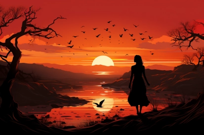 žena stojí na kopci a dívá se na západ slunce.