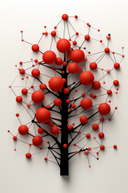 Strom s červenými koulemi a černými čarami