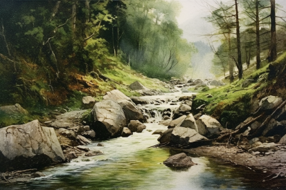Akvarel řeky se skalami a stromy
