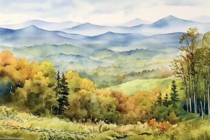 Akvarel krajiny s kopci a stromy