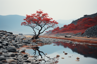Strom s červenými listy na zemi vedle vodní plochy
