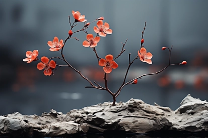 Malý stromek s růžovými květy rostoucí na skále