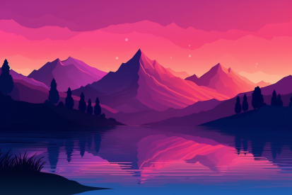 Fialový a růžový západ slunce nad jezerem s horami