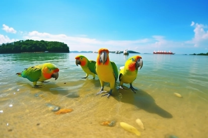 Skupina barevných ptáků stojících na pláži