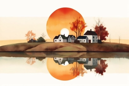 Akvarelová malba vesnice a západu slunce
