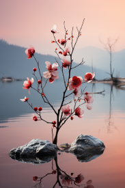 Strom s květy vyrůstajícími z kamenů ve vodě