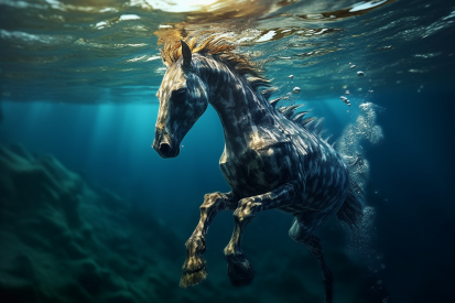 Kůň plavající pod vodou