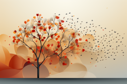 Strom s oranžovými listy a létajícími ptáky