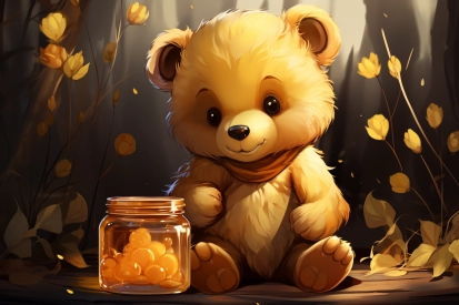 kreslený obrázek medvídka sedícího vedle sklenice s oranžovými kuličkami.