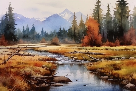 Akvarelová malba řeky se stromy a horami v pozadí