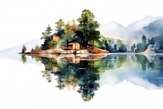 Akvarelová malba domu na malém ostrově se stromy a jezerem
