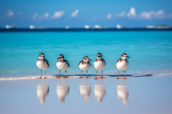 Skupina ptáků stojících na pláži