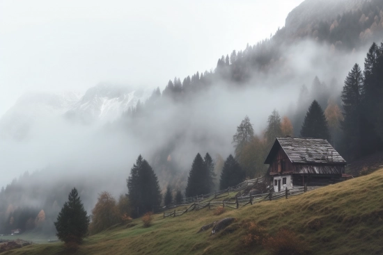 Dům na kopci se stromy a mlhou
