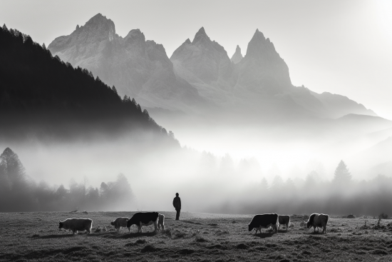 Osoba stojící na poli s kravami