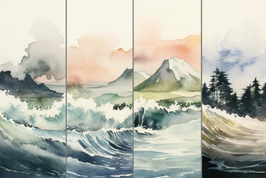 Akvarelová malba vln a hor