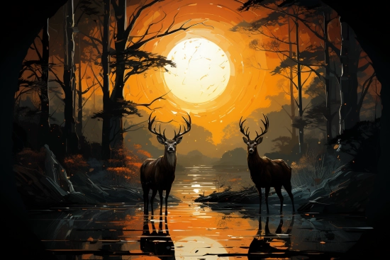 dva jeleni stojící v řece se západem slunce za zády