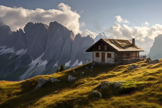 Dům na kopci s horami v pozadí