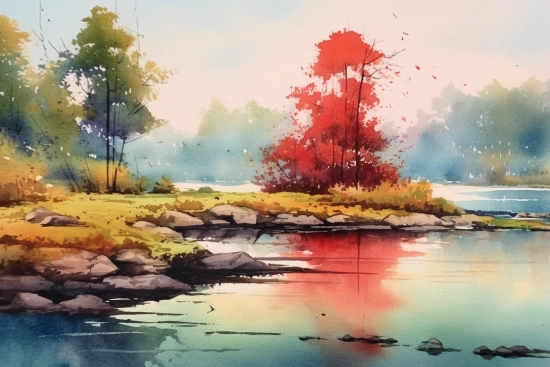 Akvarelová malba stromů a skal u jezera