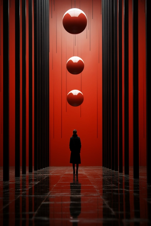 Osoba stojící v místnosti s červenými stěnami a koulemi ze stropu.