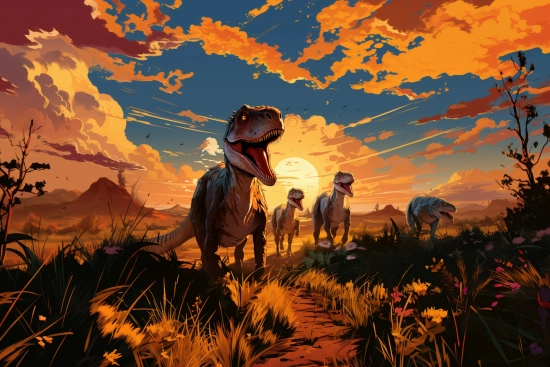 skupina dinosaurů kráčejících po poli