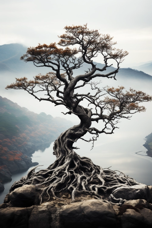 Strom s kořeny na kopci