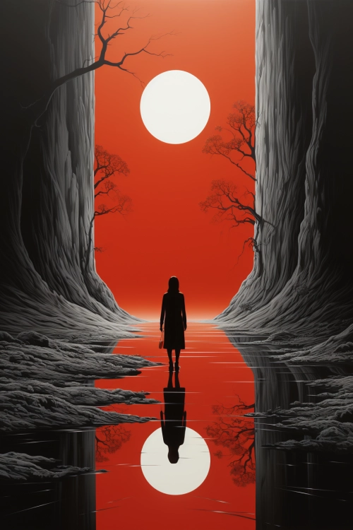žena stojící v tunelu s červenobílým sluncem.