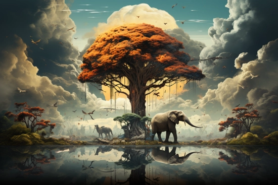 slon a strom u vodní plochy