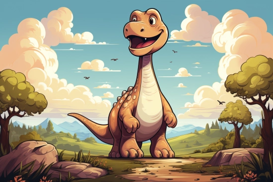 kreslený dinosaurus stojící na polní cestě
