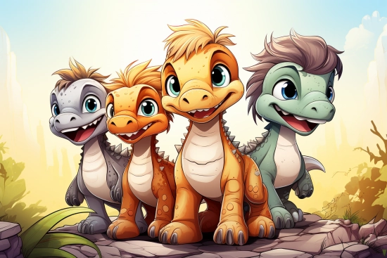 skupina kreslených dinosaurů