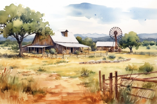 Akvarel farmy s větrným mlýnem v pozadí