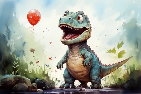 kreslený dinosaurus s červeným balónkem.