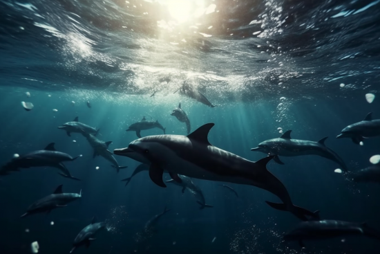 Skupina delfínů plovoucích pod vodou