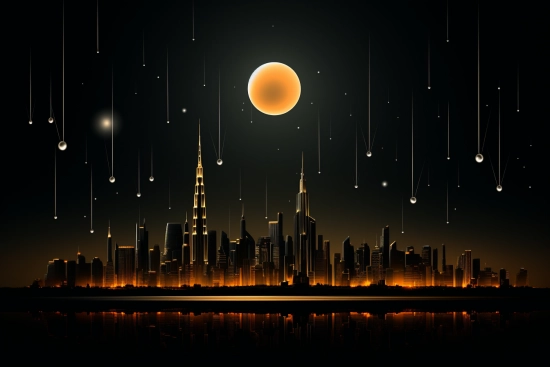 panorama města s velkým měsícem a hvězdami.
