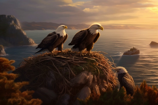 Skupina orlů na hnízdě s výhledem na vodní plochu.